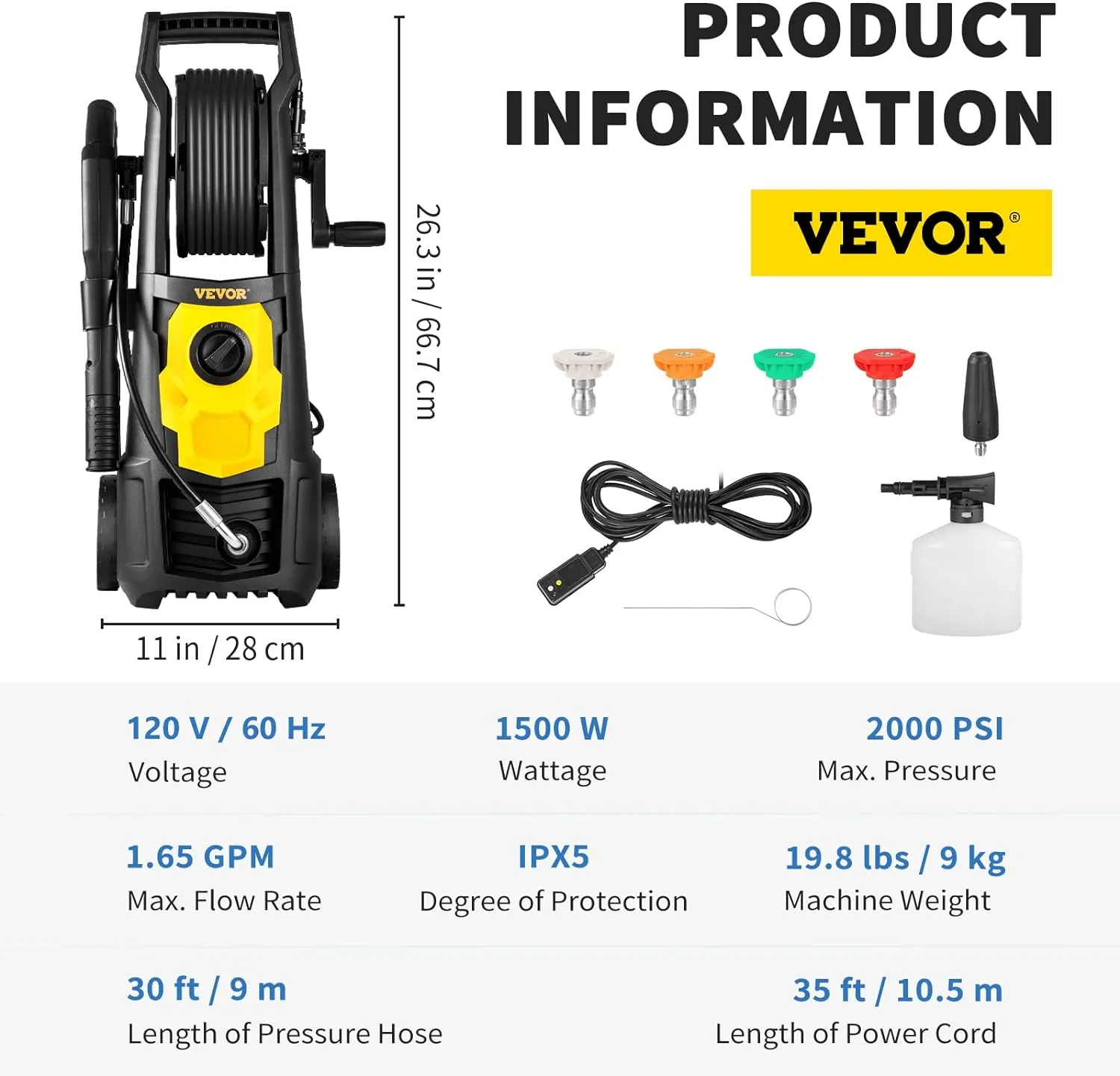 VEVOR Electric Pressure Washer, 2000 PSI, Max 1.65 GPM Power Washer w/ 30 ft Hose & Reel, 5 Quick Connect Nozzles, Foam Cannon, Portable to Clean Patios, Cars, Fences, Driveways, ETL Listed