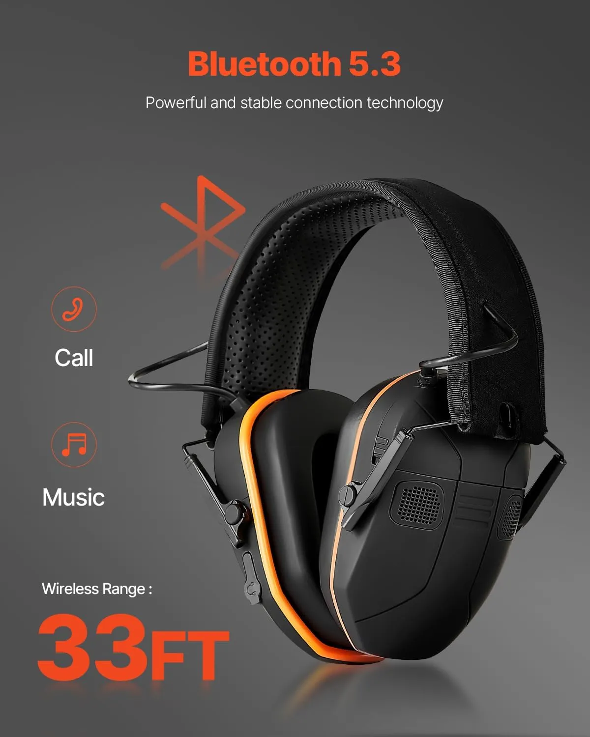 VEVOR Safety Earmuffs, Electronic Ear Muffs with 5.3 Bluetooth Technology and Sound Amplification, Noise Reduction Headphone NRR23dB, Hearing Protection Earmuffs for Shooting, Lawn Mowing and Work