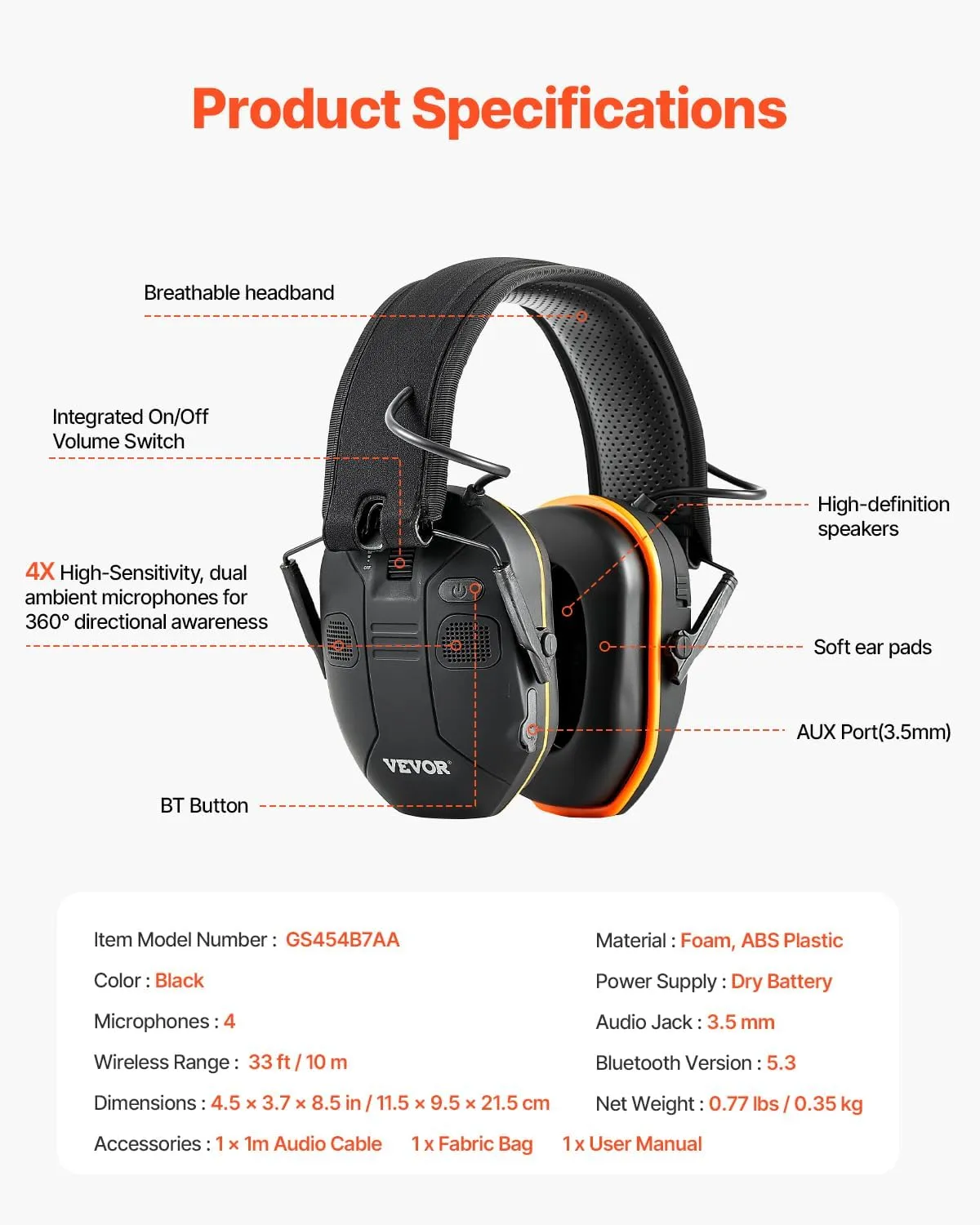 VEVOR Safety Earmuffs, Electronic Ear Muffs with 5.3 Bluetooth Technology and Sound Amplification, Noise Reduction Headphone NRR23dB, Hearing Protection Earmuffs for Shooting, Lawn Mowing and Work