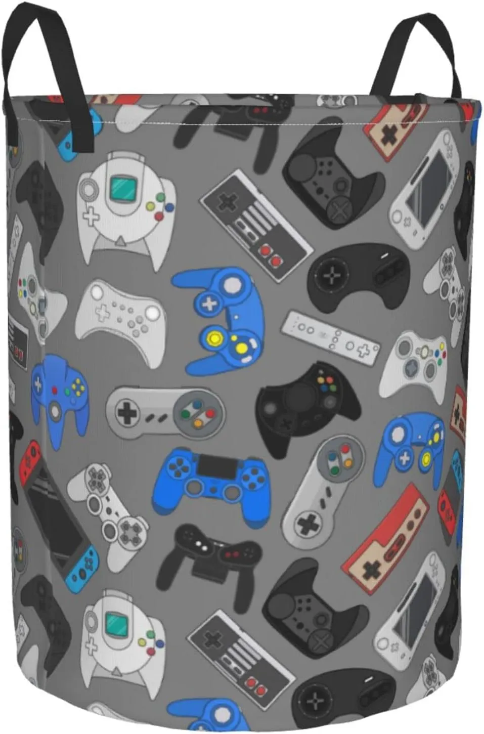Video Game Controller Grey Background Round Laundry Hamper Storage Basket Toys Clothes Organizer Bin For Home Bathroom Bedroom Dorm Nursery, 38l