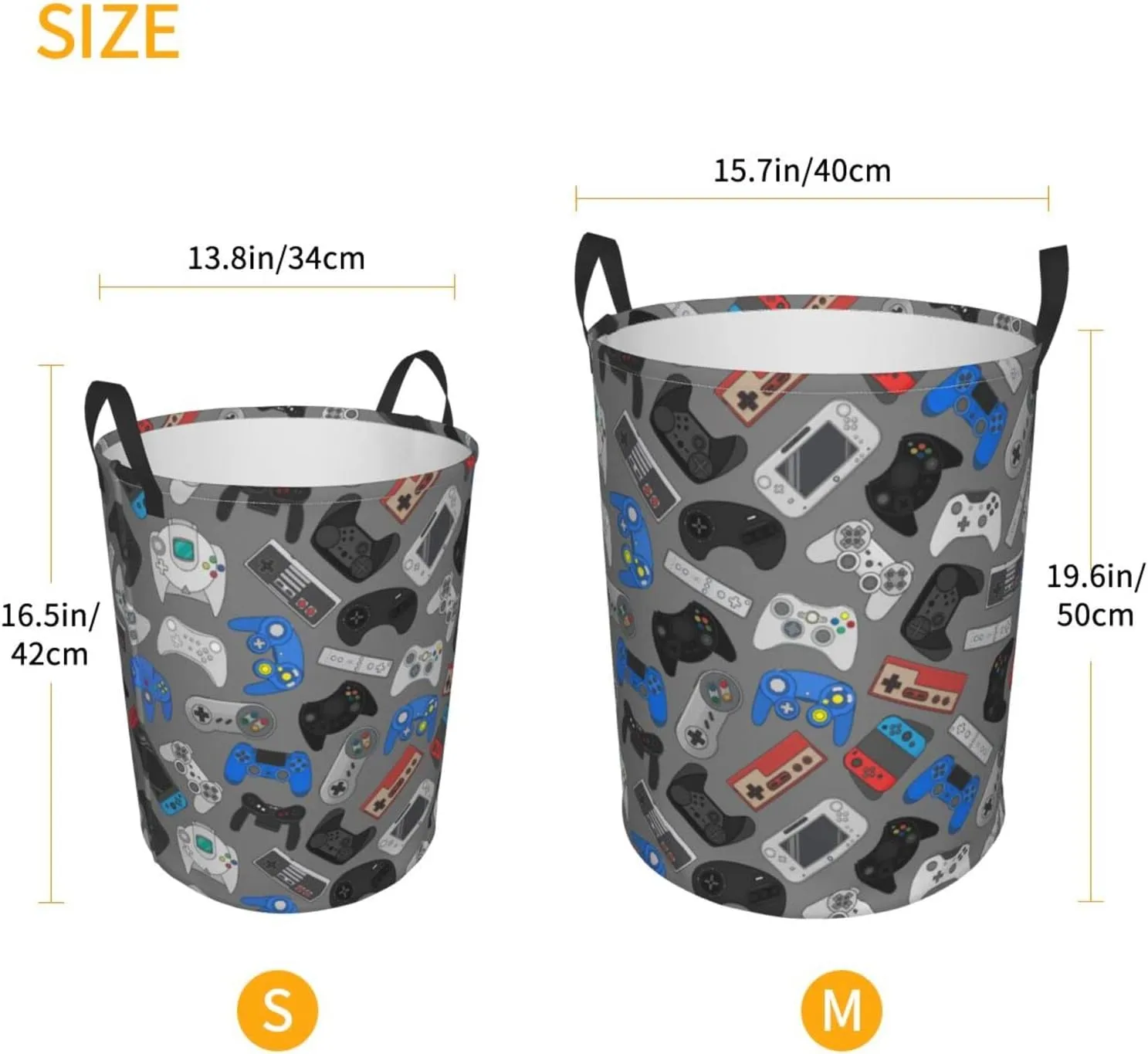 Video Game Controller Grey Background Round Laundry Hamper Storage Basket Toys Clothes Organizer Bin For Home Bathroom Bedroom Dorm Nursery, 38l