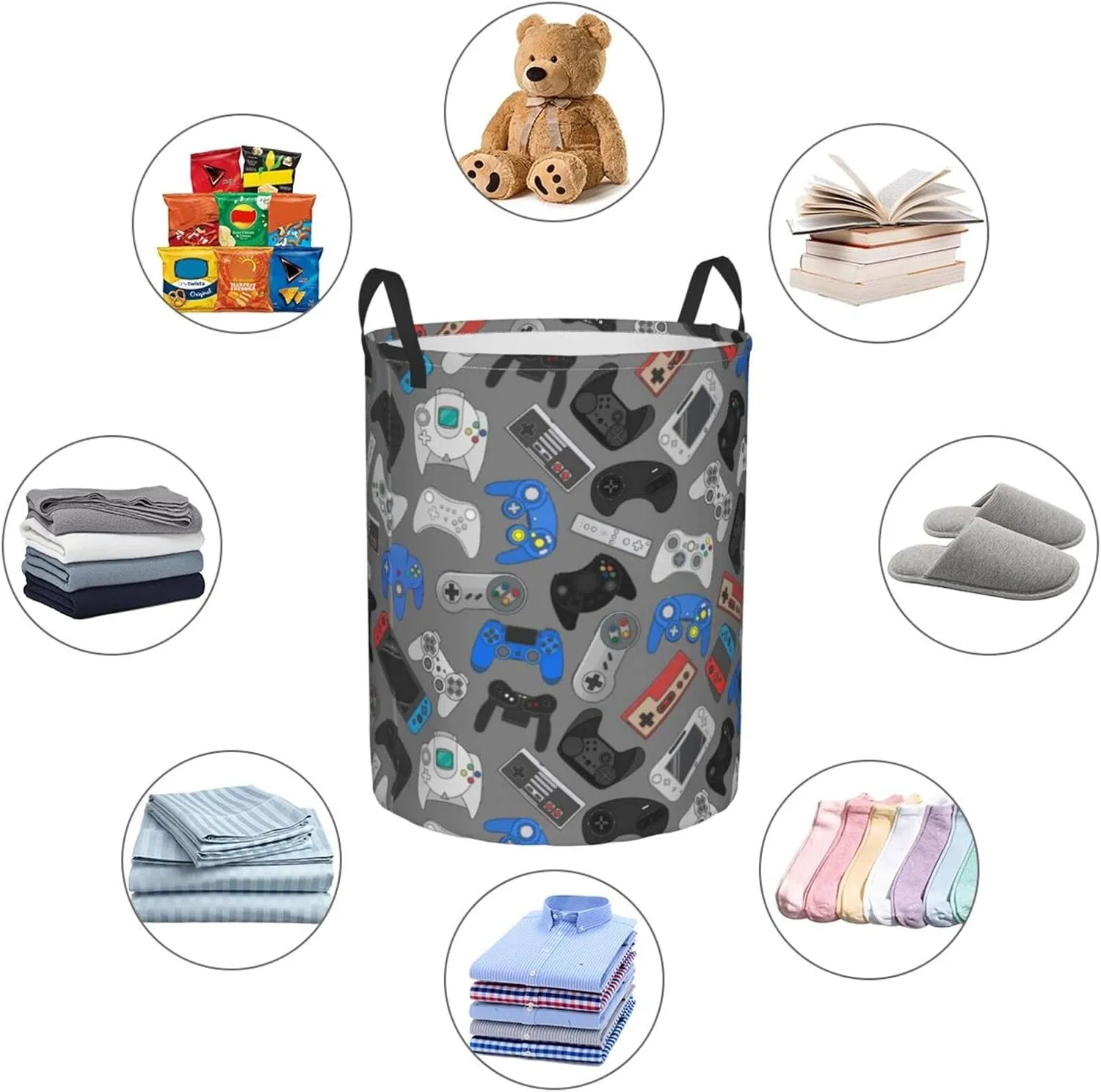 Video Game Controller Grey Background Round Laundry Hamper Storage Basket Toys Clothes Organizer Bin For Home Bathroom Bedroom Dorm Nursery, 38l