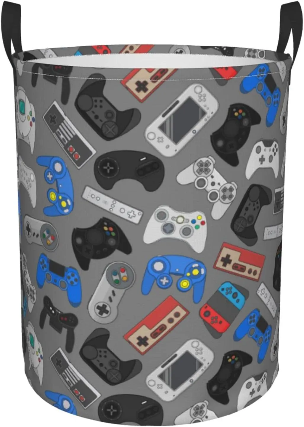 Video Game Controller Grey Background Round Laundry Hamper Storage Basket Toys Clothes Organizer Bin For Home Bathroom Bedroom Dorm Nursery, 38l