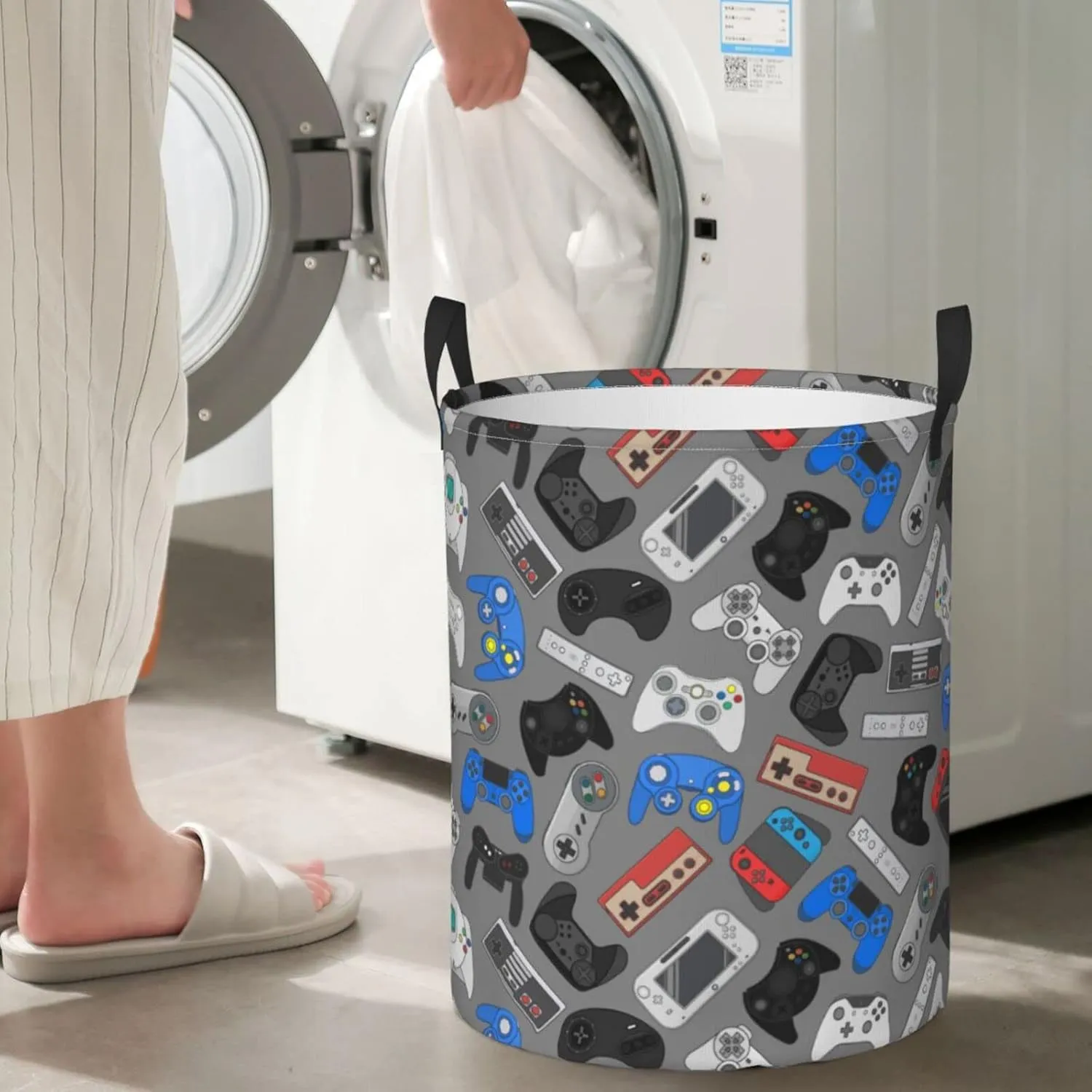 Video Game Controller Grey Background Round Laundry Hamper Storage Basket Toys Clothes Organizer Bin For Home Bathroom Bedroom Dorm Nursery, 38l