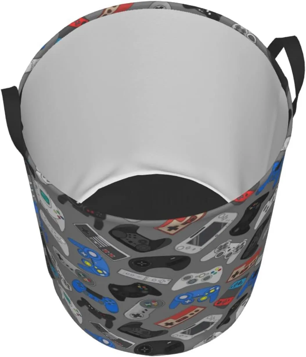 Video Game Controller Grey Background Round Laundry Hamper Storage Basket Toys Clothes Organizer Bin For Home Bathroom Bedroom Dorm Nursery, 38l