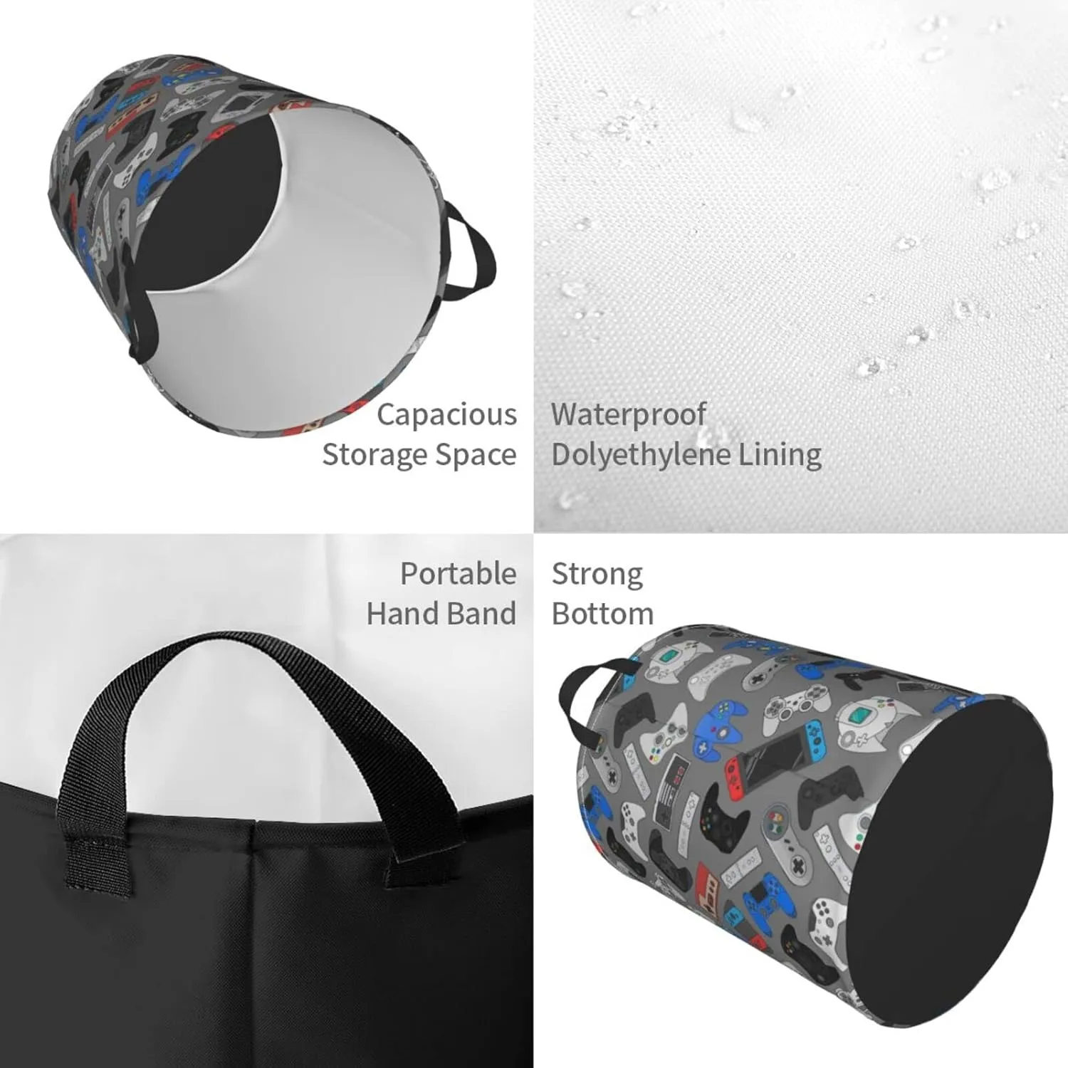 Video Game Controller Grey Background Round Laundry Hamper Storage Basket Toys Clothes Organizer Bin For Home Bathroom Bedroom Dorm Nursery, 38l