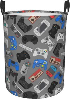 Video Game Controller Grey Background Round Laundry Hamper Storage Basket Toys Clothes Organizer Bin For Home Bathroom Bedroom Dorm Nursery, 38l