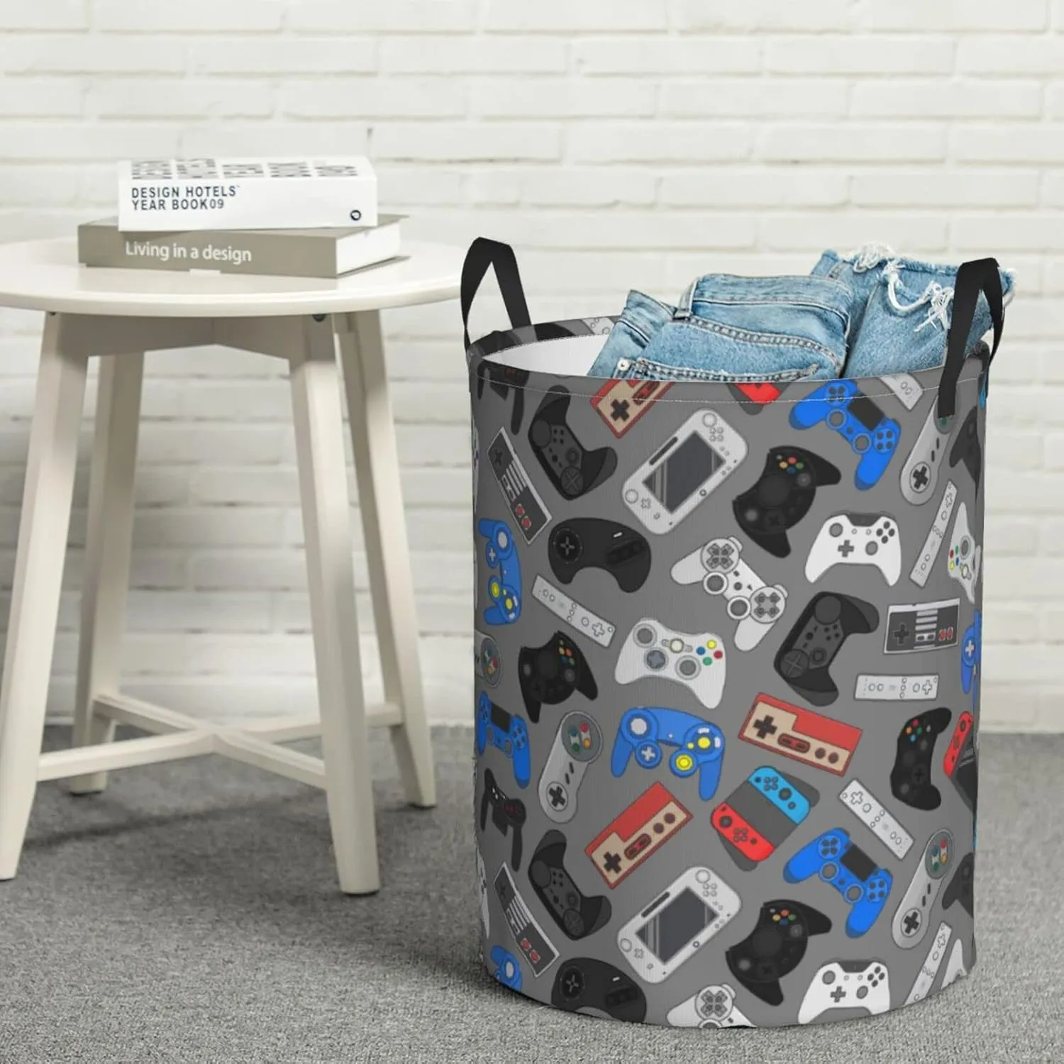 Video Game Controller Grey Background Round Laundry Hamper Storage Basket Toys Clothes Organizer Bin For Home Bathroom Bedroom Dorm Nursery, 38l