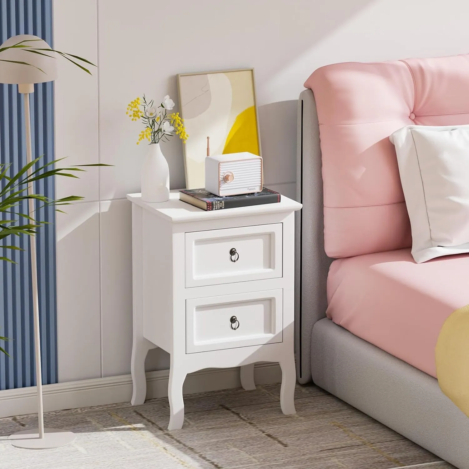 VINGLI White Nightstand With 2 Drawers - Tool-Free Setup, Easy & Quick Install Small Bedside Table for Bedroom, Girls Side Table, End Table for Small Spaces