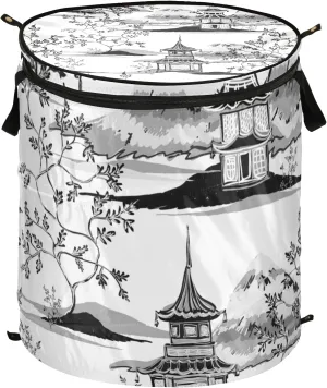 Vintage Retro Black Ink Chinese Pagodas, Mountains, Trees on White Pop Up Laundry Hamper, Collapsible Dirty Clothes Basket with Zipper Lid, Storage Bag Washing Bin for Room College Dorm Travel