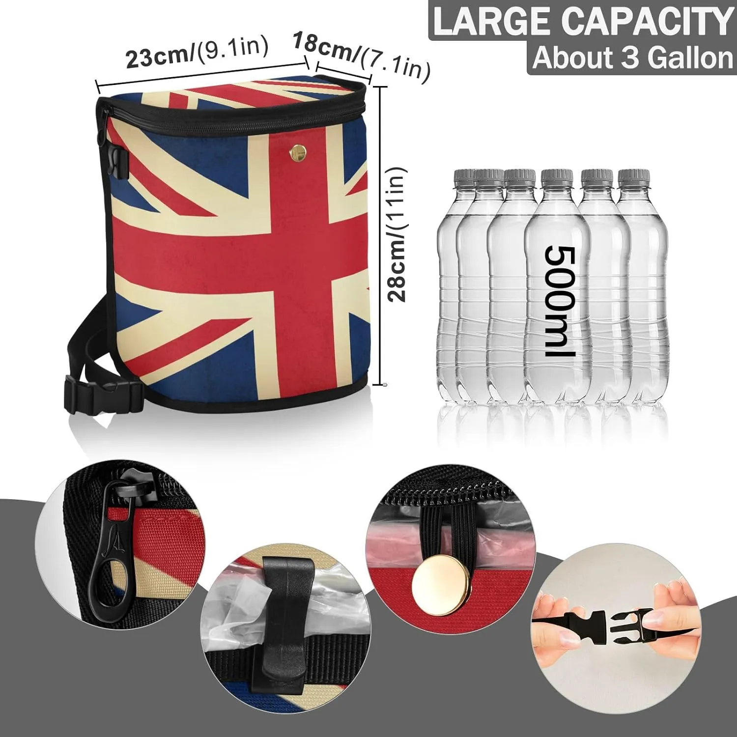 Vintage Union Jack Flag United Kingdom Car Trash Can Car Garbage Bag with Lid Hanging Waterproof Leak Proof Vehicle Storage Bin