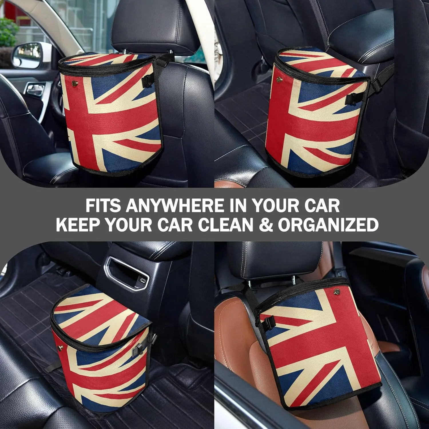 Vintage Union Jack Flag United Kingdom Car Trash Can Car Garbage Bag with Lid Hanging Waterproof Leak Proof Vehicle Storage Bin