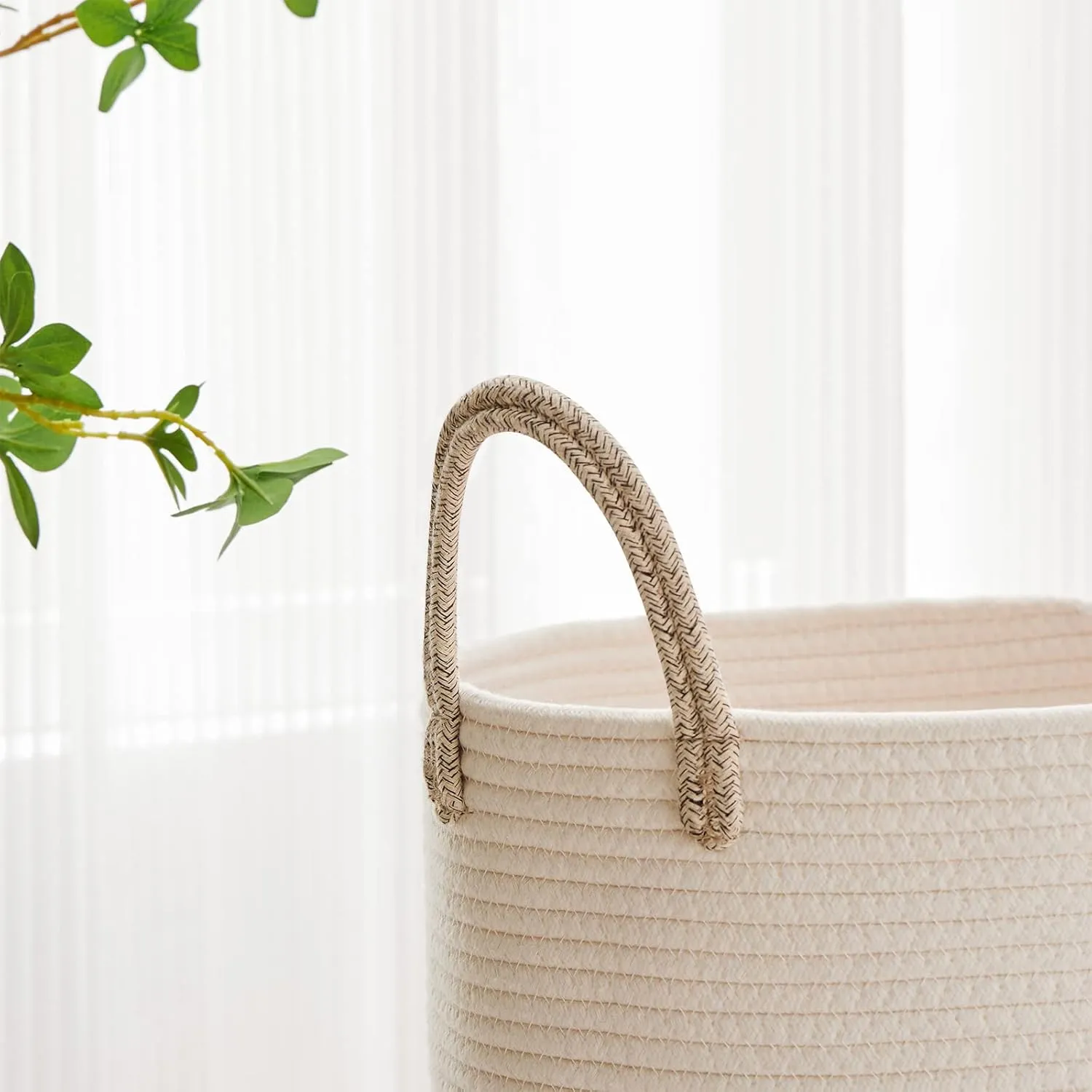 VIPOSCO Large Laundry Hamper, Tall Woven Rope Storage Basket for Blanket, Toys, Dirty Clothes in Living Room, Bathroom, Bedroom - 100L White & Brown