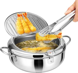 VIVOHOME 9.8 Inch 3.2 L 304 Stainless Steel Deep Fryer Pot with Tong, Tempura Fryer Pan with Thermometer for Chicken, Fish, French Fries, Shrimp