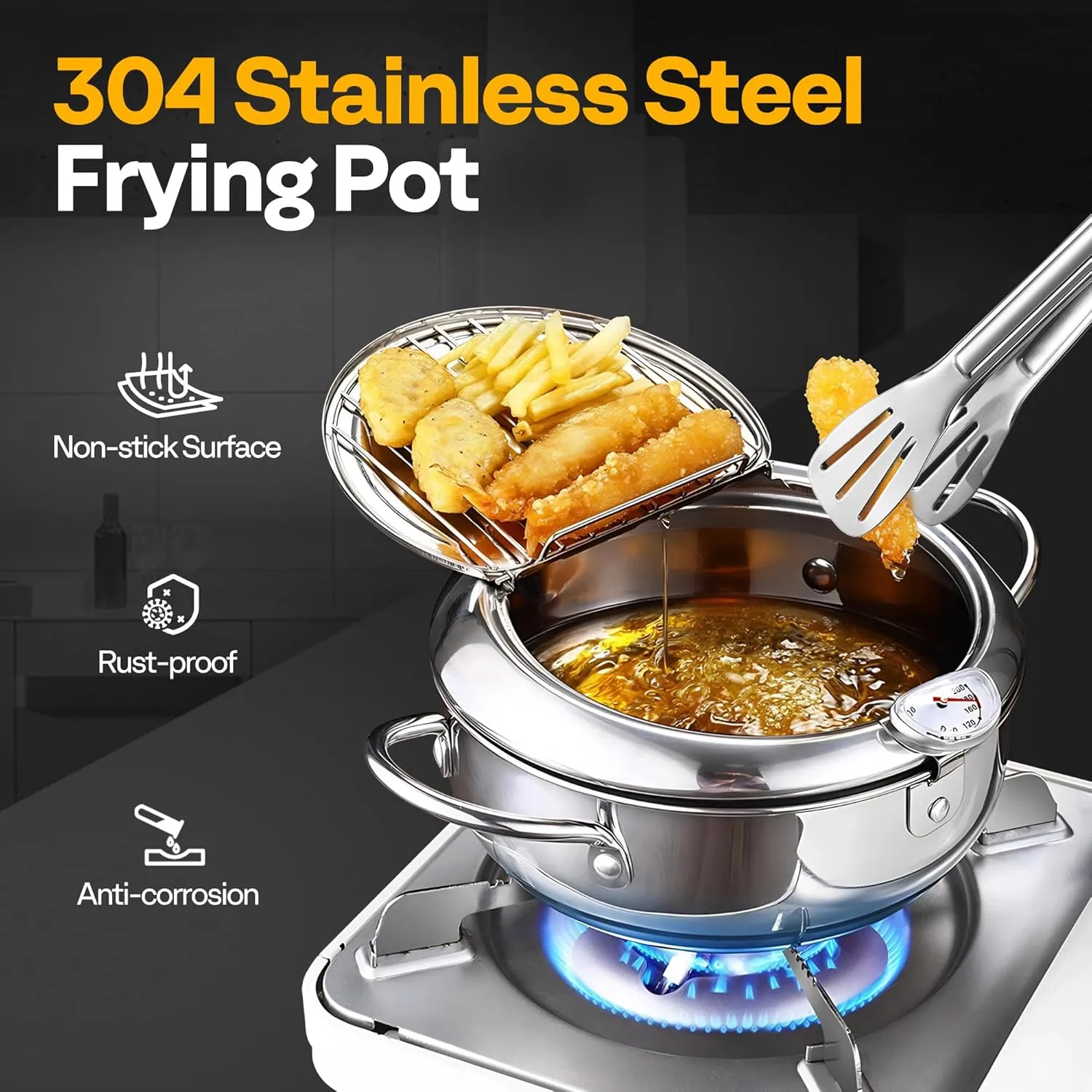 VIVOHOME 9.8 Inch 3.2 L 304 Stainless Steel Deep Fryer Pot with Tong, Tempura Fryer Pan with Thermometer for Chicken, Fish, French Fries, Shrimp
