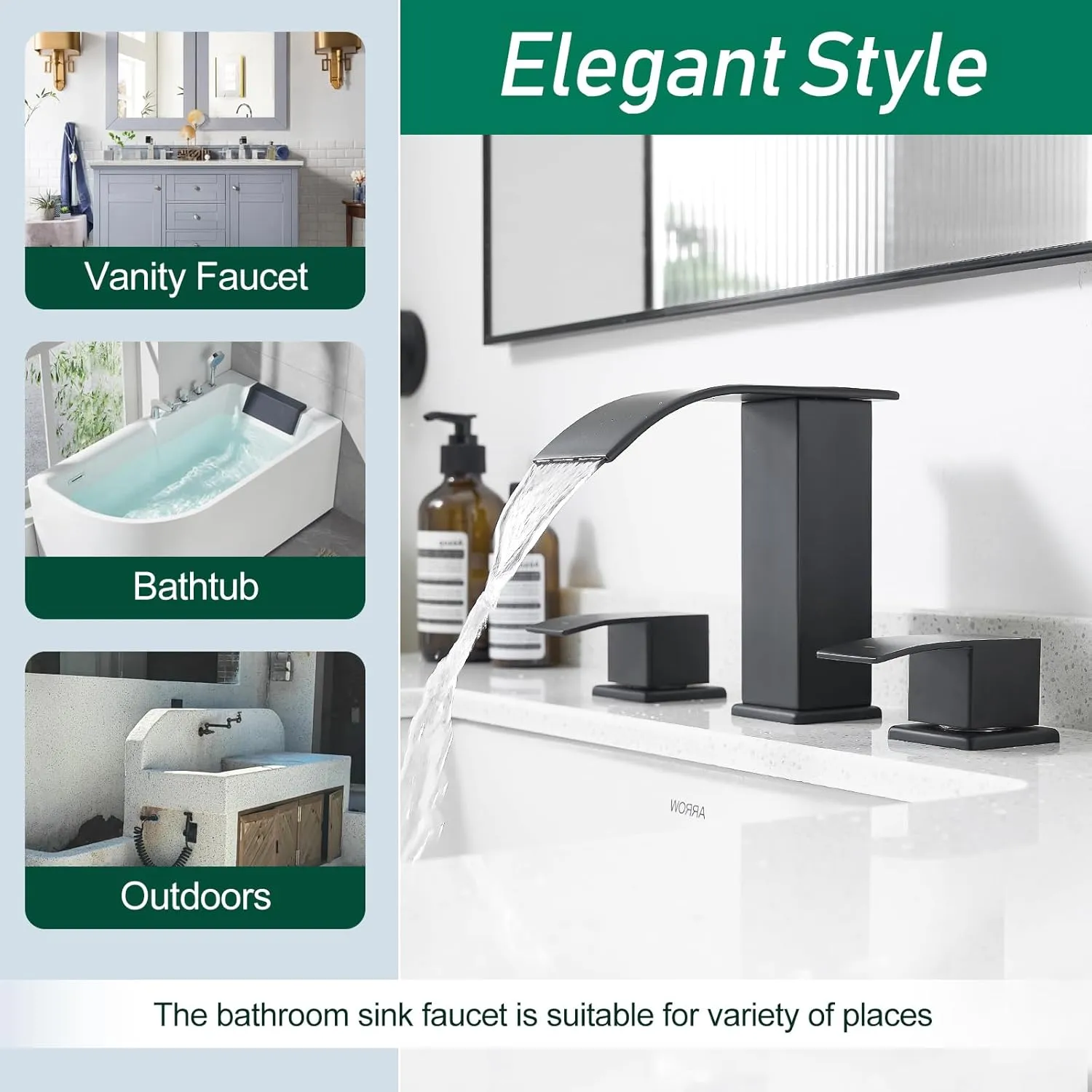 VOTON Waterfall Bathroom Faucets Black, Widespread Bathroom Sink Faucet 3 Hole with Pop Up Drain, 8 Inch Modern Vanity 2-Handles Faucet