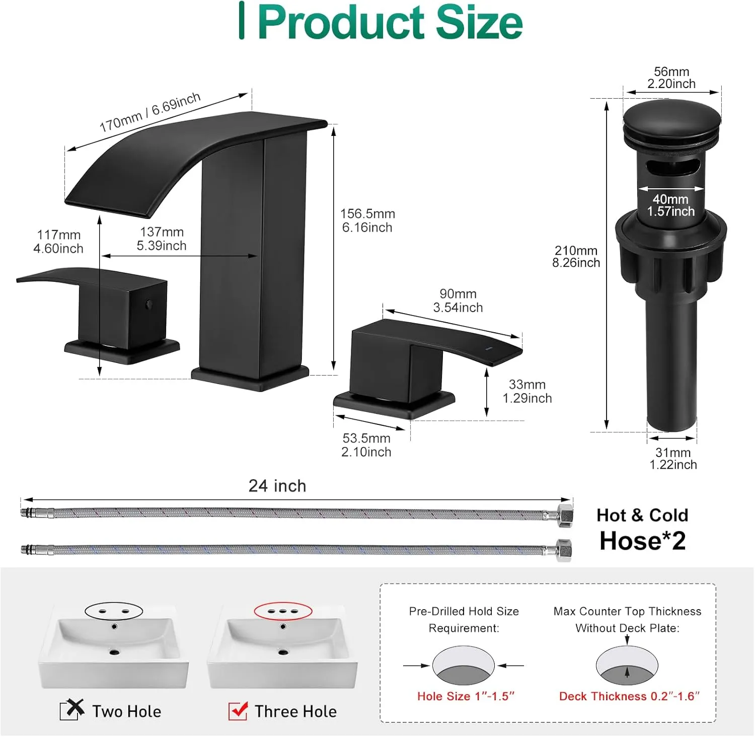 VOTON Waterfall Bathroom Faucets Black, Widespread Bathroom Sink Faucet 3 Hole with Pop Up Drain, 8 Inch Modern Vanity 2-Handles Faucet