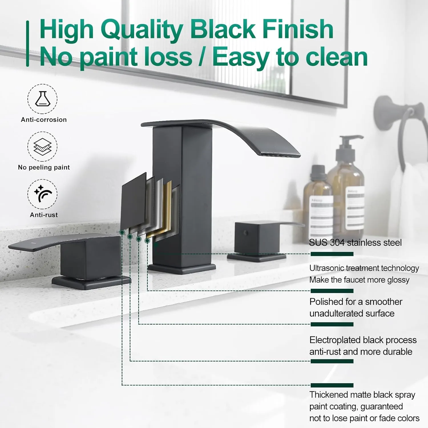 VOTON Waterfall Bathroom Faucets Black, Widespread Bathroom Sink Faucet 3 Hole with Pop Up Drain, 8 Inch Modern Vanity 2-Handles Faucet