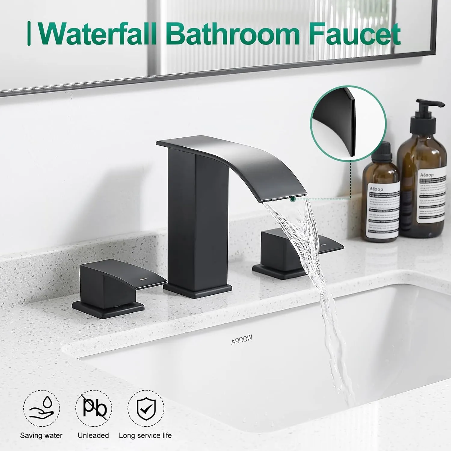 VOTON Waterfall Bathroom Faucets Black, Widespread Bathroom Sink Faucet 3 Hole with Pop Up Drain, 8 Inch Modern Vanity 2-Handles Faucet