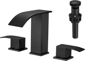 VOTON Waterfall Bathroom Faucets Black, Widespread Bathroom Sink Faucet 3 Hole with Pop Up Drain, 8 Inch Modern Vanity 2-Handles Faucet