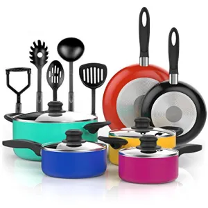 VREMI 15 PIECE NONSTICK COOKWARE SET - COLORED KITCHEN POTS AND PANS SET NONSTICK WITH COOKING UTENSILS - PURPLE TEAL RED BLUE POTS AND NON STICK PANS SET - PTFE AND PFOA FREE COOKWARE