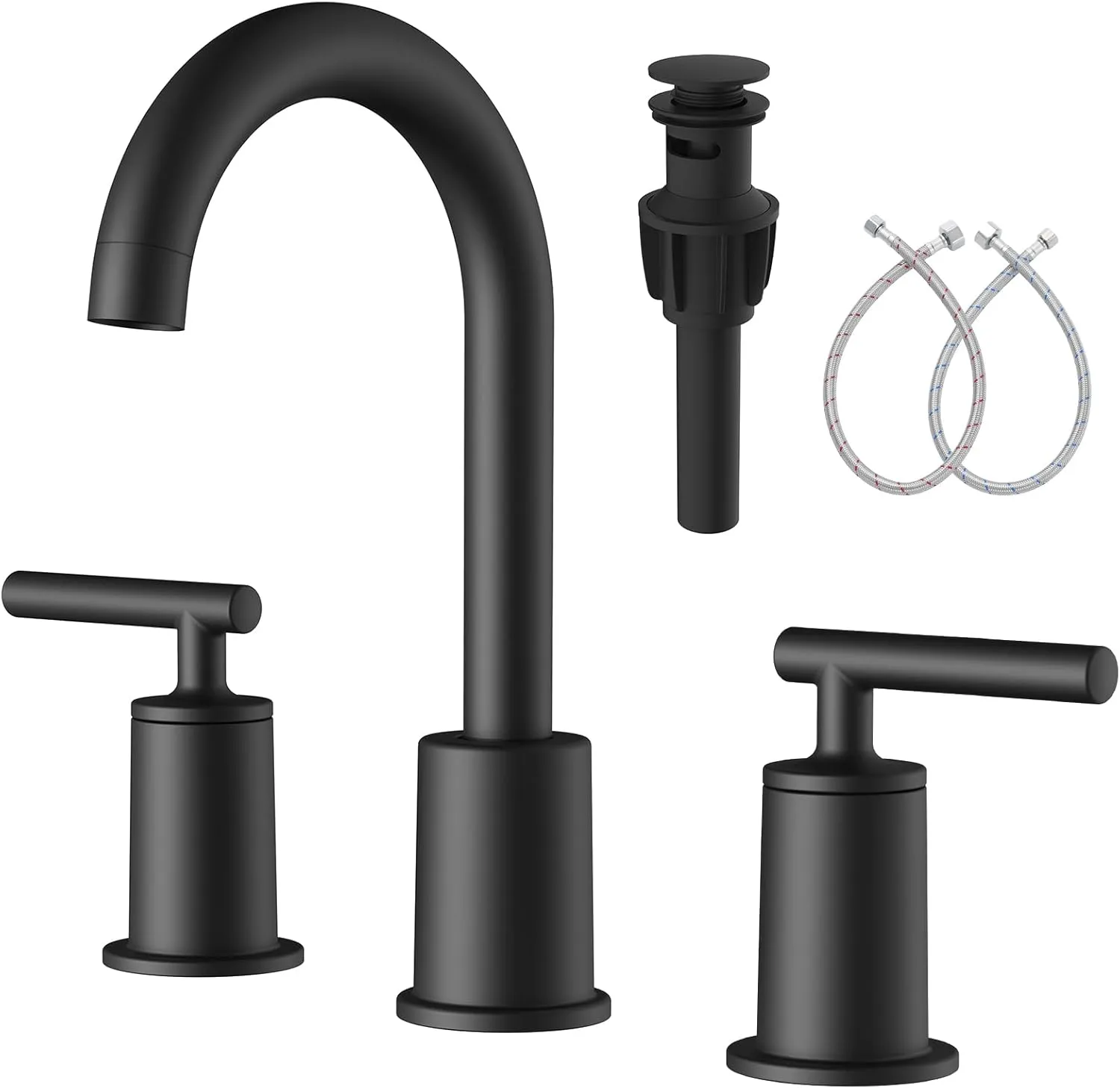 VXV 3 Hole Bathroom Faucet Matte Black, Widespread 8 inch Bath Sink Faucets with 360° Swivel Spout, 2 Handle Vanity Faucets with Pop Up Drain & Water Supply Lines, Easy Installation (MB)