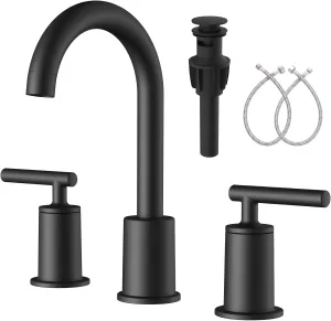 VXV 3 Hole Bathroom Faucet Matte Black, Widespread 8 inch Bath Sink Faucets with 360° Swivel Spout, 2 Handle Vanity Faucets with Pop Up Drain & Water Supply Lines, Easy Installation (MB)