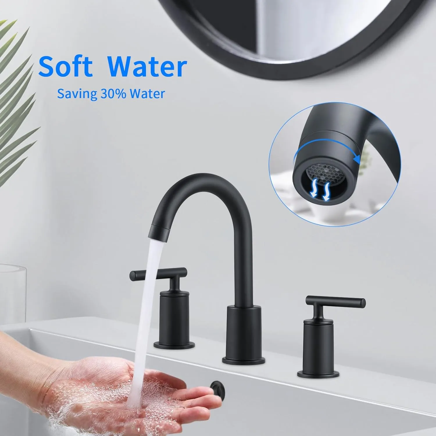 VXV 3 Hole Bathroom Faucet Matte Black, Widespread 8 inch Bath Sink Faucets with 360° Swivel Spout, 2 Handle Vanity Faucets with Pop Up Drain & Water Supply Lines, Easy Installation (MB)