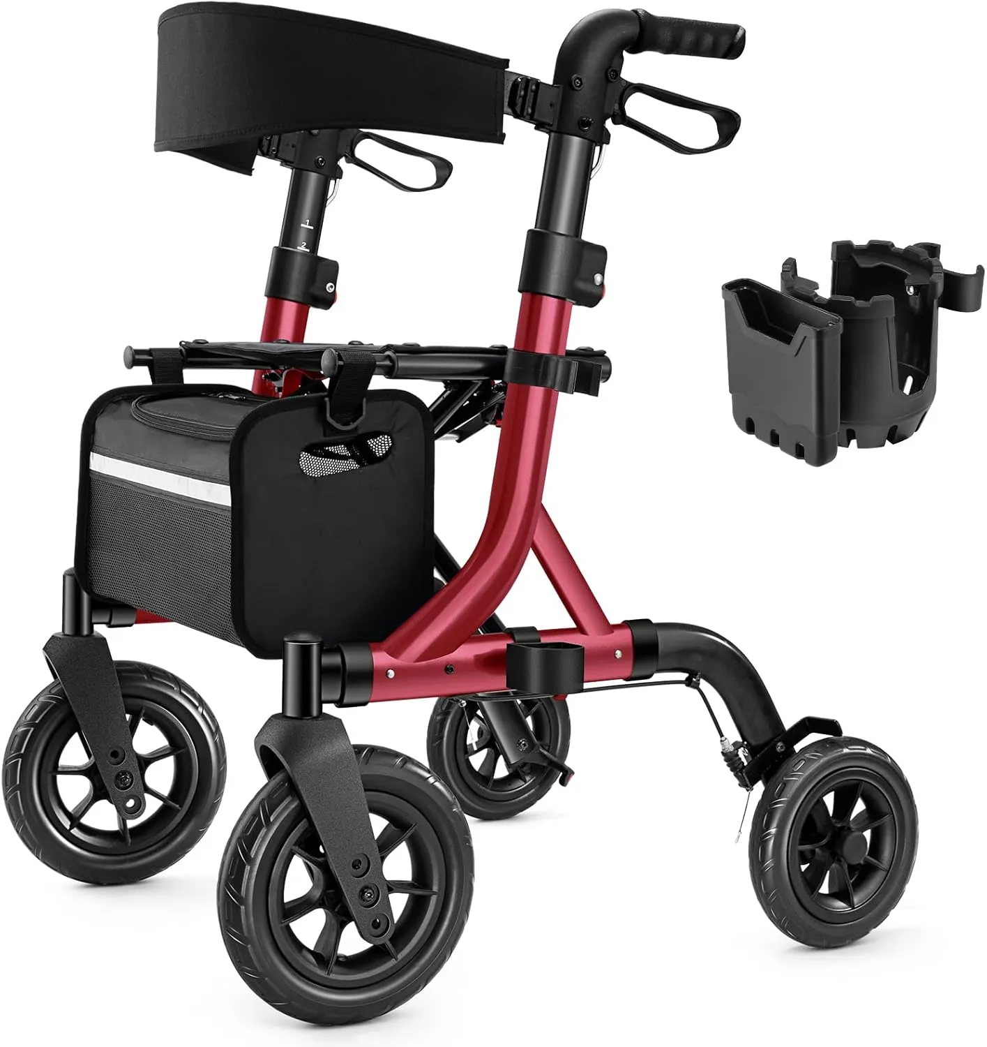 Walkers for Seniors, Rollator Walker with Seat, 10" Rubber Wheels All Terrain Rollator Walker with Backrest, Aluminum Walkers Built-in Cable, Foldable and Adjustable Height for Seniors, Red
