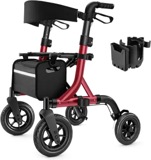 Walkers for Seniors, Rollator Walker with Seat, 10" Rubber Wheels All Terrain Rollator Walker with Backrest, Aluminum Walkers Built-in Cable, Foldable and Adjustable Height for Seniors, Red