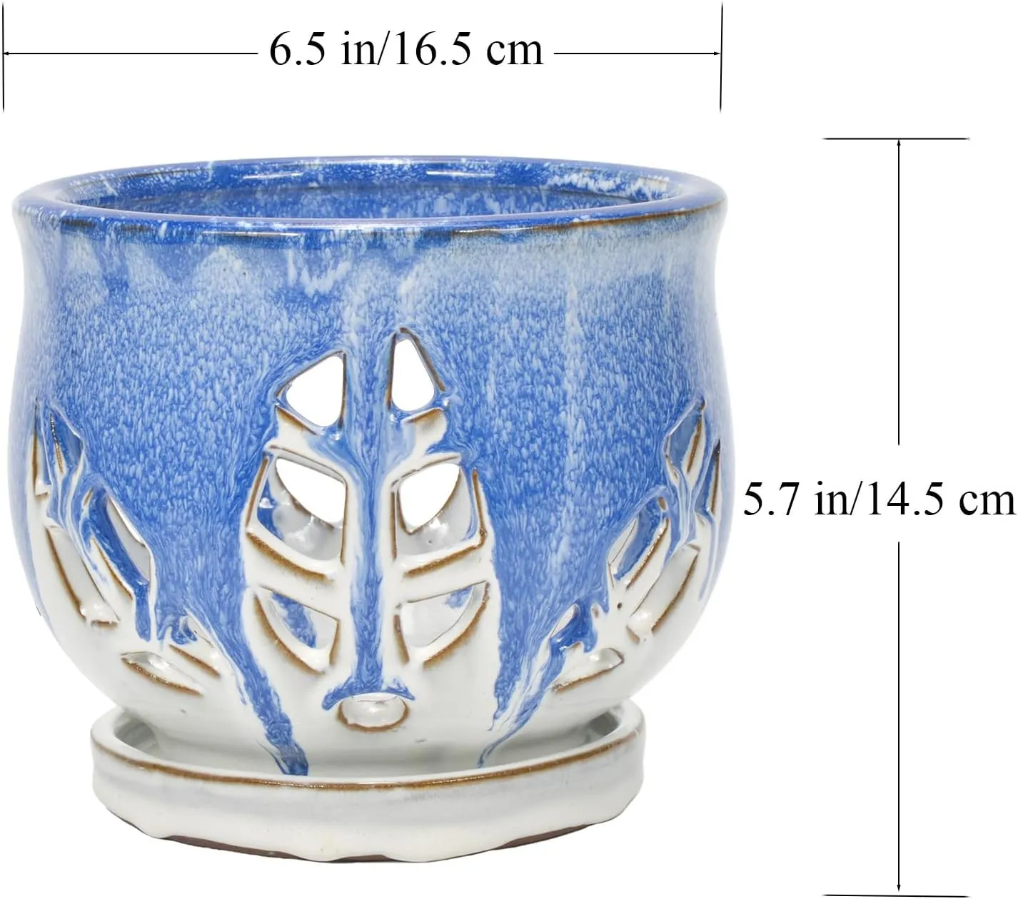 W&W Orchid Pot with Holes and Saucer for Repotting and Better Grow, Blue and White, 6.5 Inches