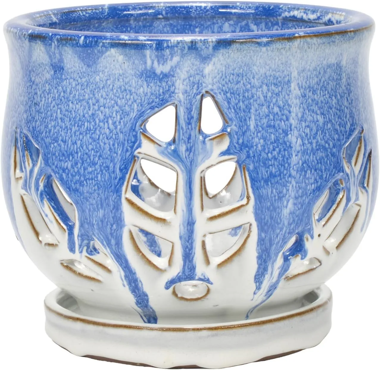 W&W Orchid Pot with Holes and Saucer for Repotting and Better Grow, Blue and White, 6.5 Inches