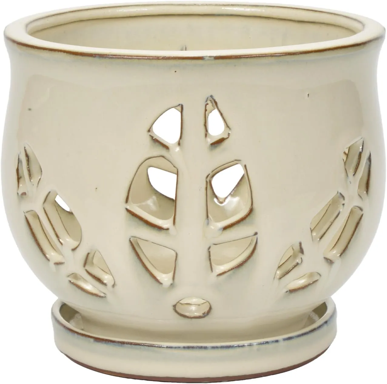 W&W Orchid Pot with Holes and Saucer for Repotting and Better Grow, Cream White, 6.5 Inches
