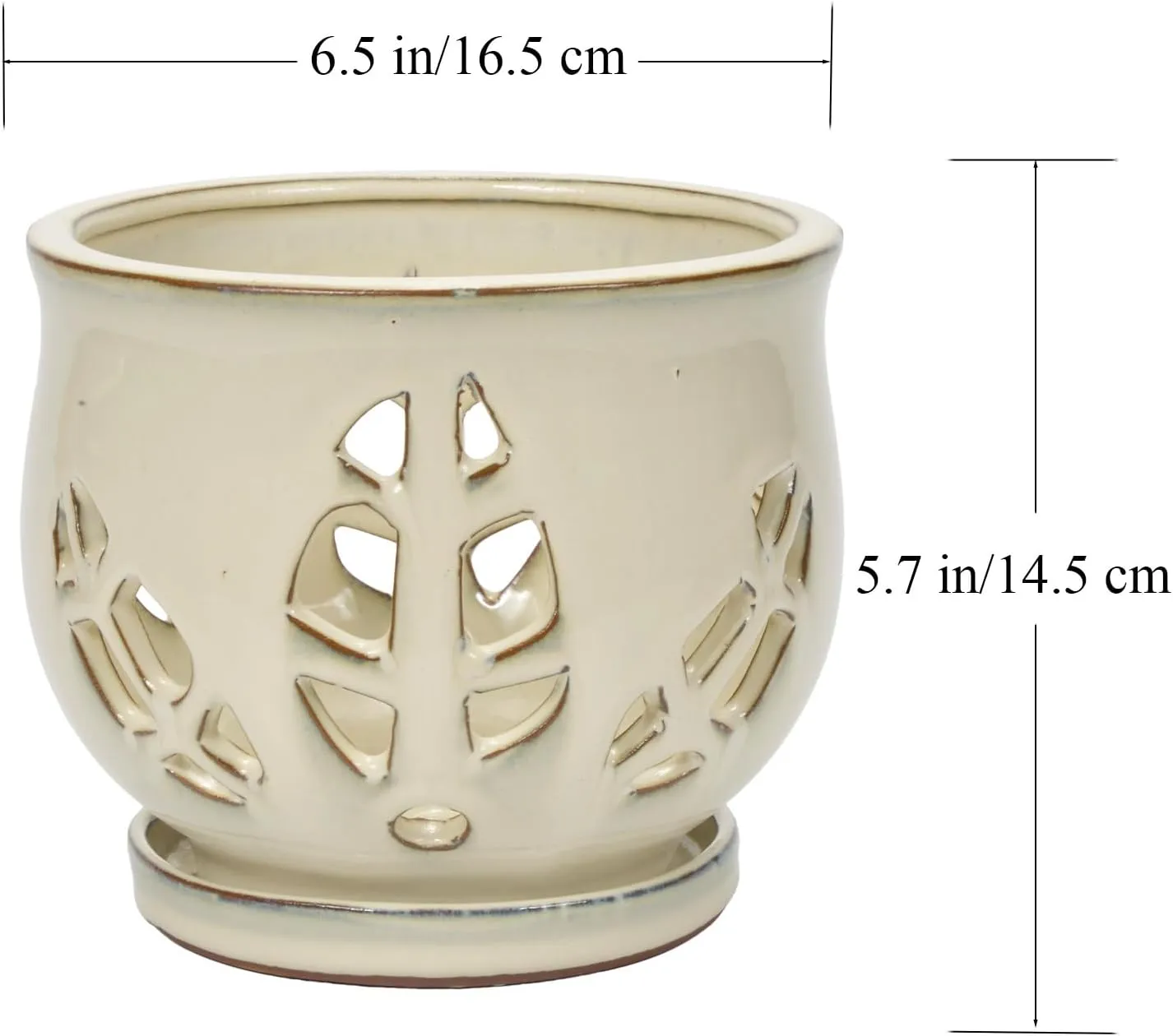 W&W Orchid Pot with Holes and Saucer for Repotting and Better Grow, Cream White, 6.5 Inches