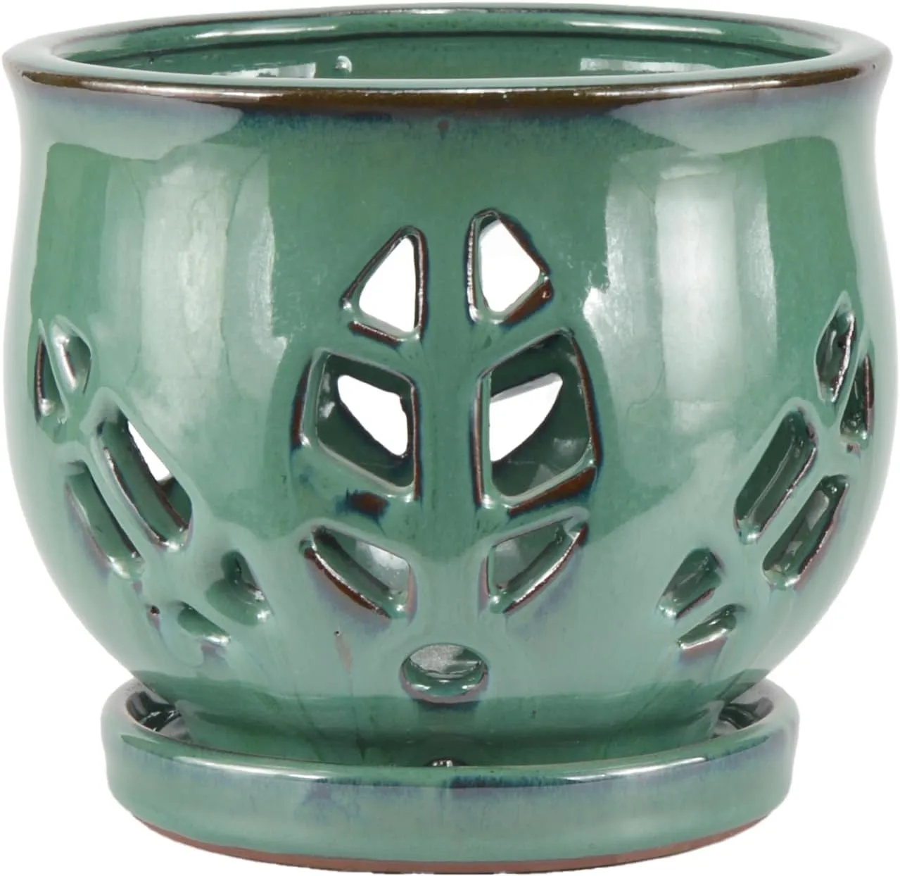 W&W Orchid Pot with Holes and Saucer for Repotting, Green, 6.5 Inches