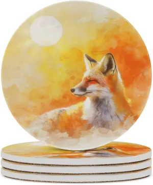 Warm Sunshine Fox Coasters Drinks Absorbent Ceramic Stone Coasters Base Cups Table Mats Set of 4 Home Decor