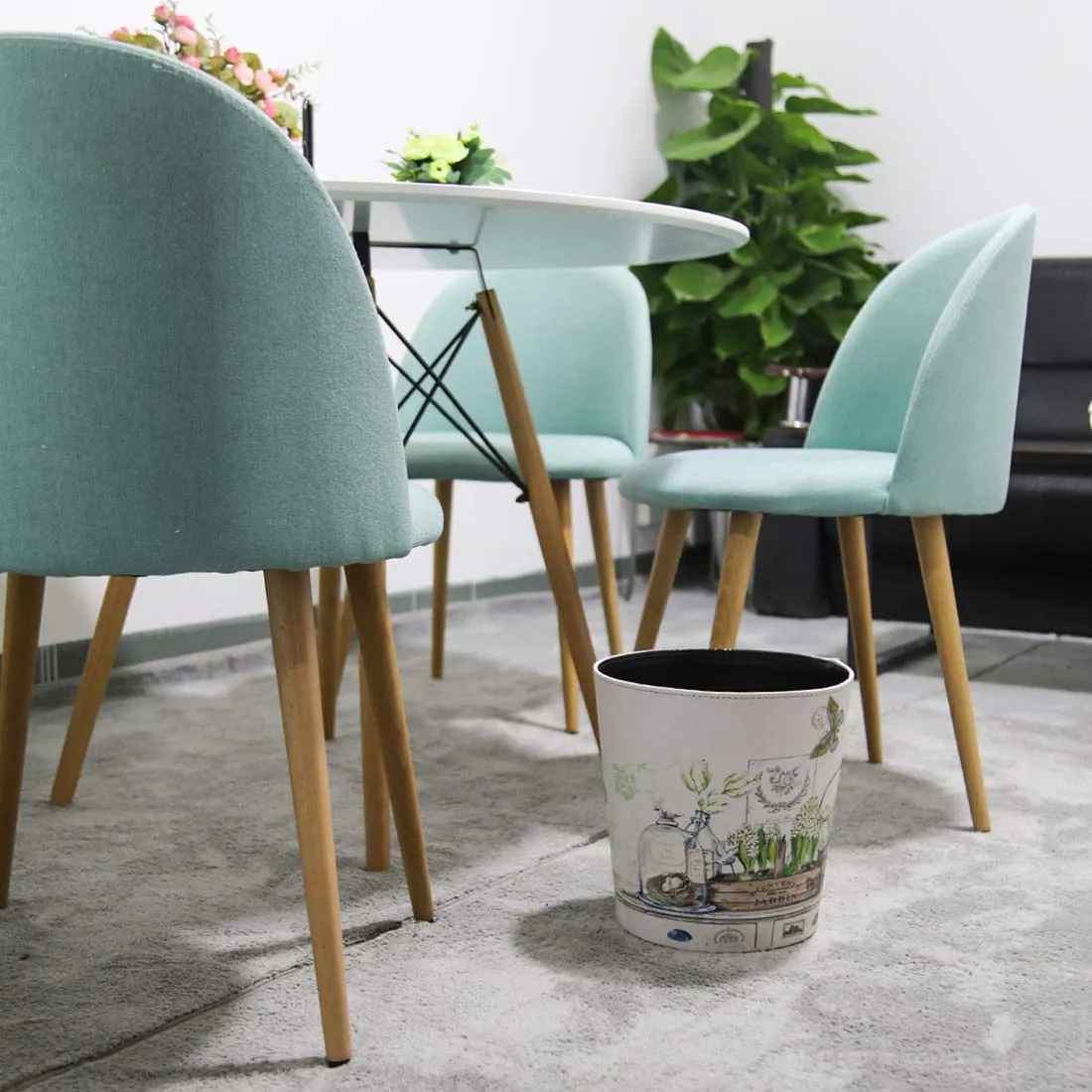 Wastebasket, British Style PU Leather Round Decorative Trash Bin Garbage Can Wastebasket Without Lid for Living Room Home Office - Plants and Butterfly