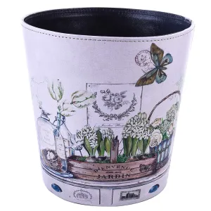 Wastebasket, British Style PU Leather Round Decorative Trash Bin Garbage Can Wastebasket Without Lid for Living Room Home Office - Plants and Butterfly