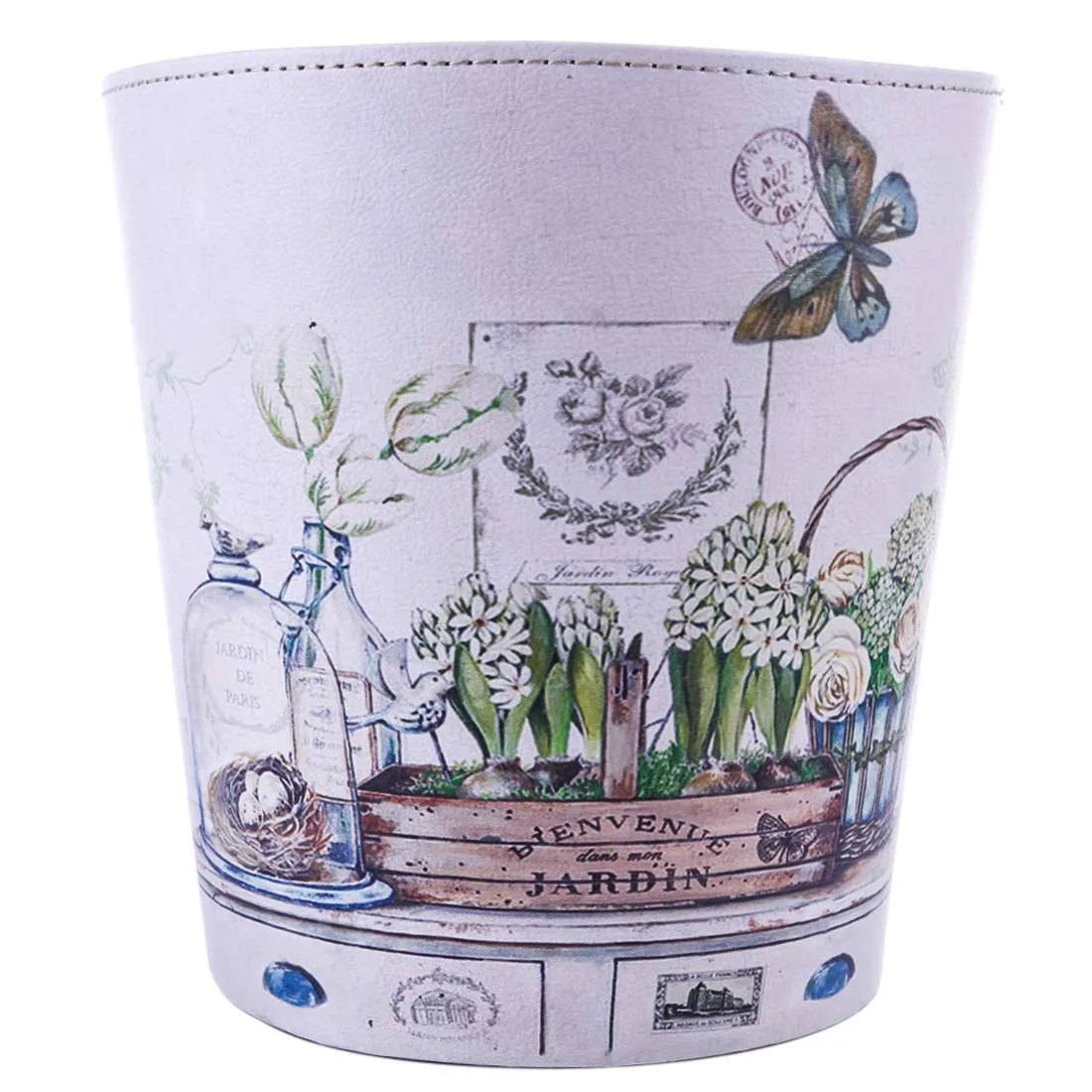 Wastebasket, British Style PU Leather Round Decorative Trash Bin Garbage Can Wastebasket Without Lid for Living Room Home Office - Plants and Butterfly