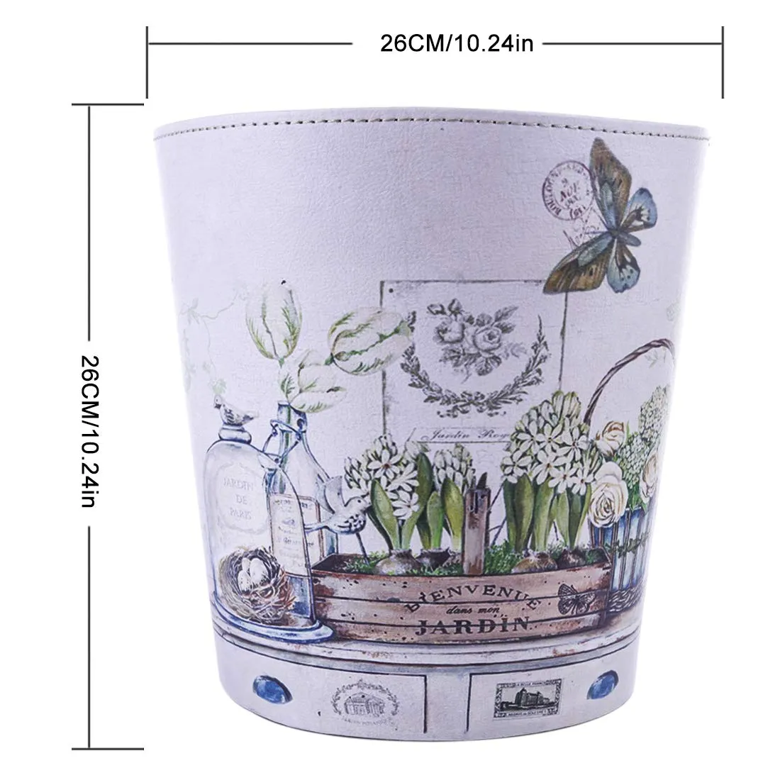 Wastebasket, British Style PU Leather Round Decorative Trash Bin Garbage Can Wastebasket Without Lid for Living Room Home Office - Plants and Butterfly