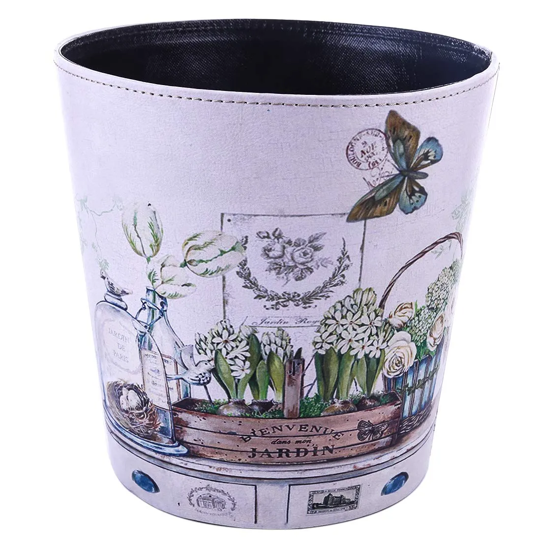 Wastebasket, British Style PU Leather Round Decorative Trash Bin Garbage Can Wastebasket Without Lid for Living Room Home Office - Plants and Butterfly