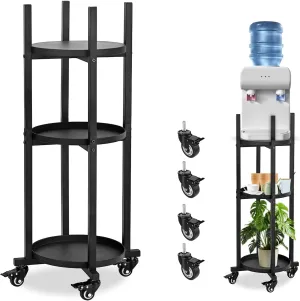 Water Dispenser Stand with Wheels, Beauty Star 1-5 Gallon Water Jug Holder with Plant Stand, Drink Dispenser Floor Rack with 3 Round Shelfs for Berkey Water Filter, Ceramic Crock Water Dispenser