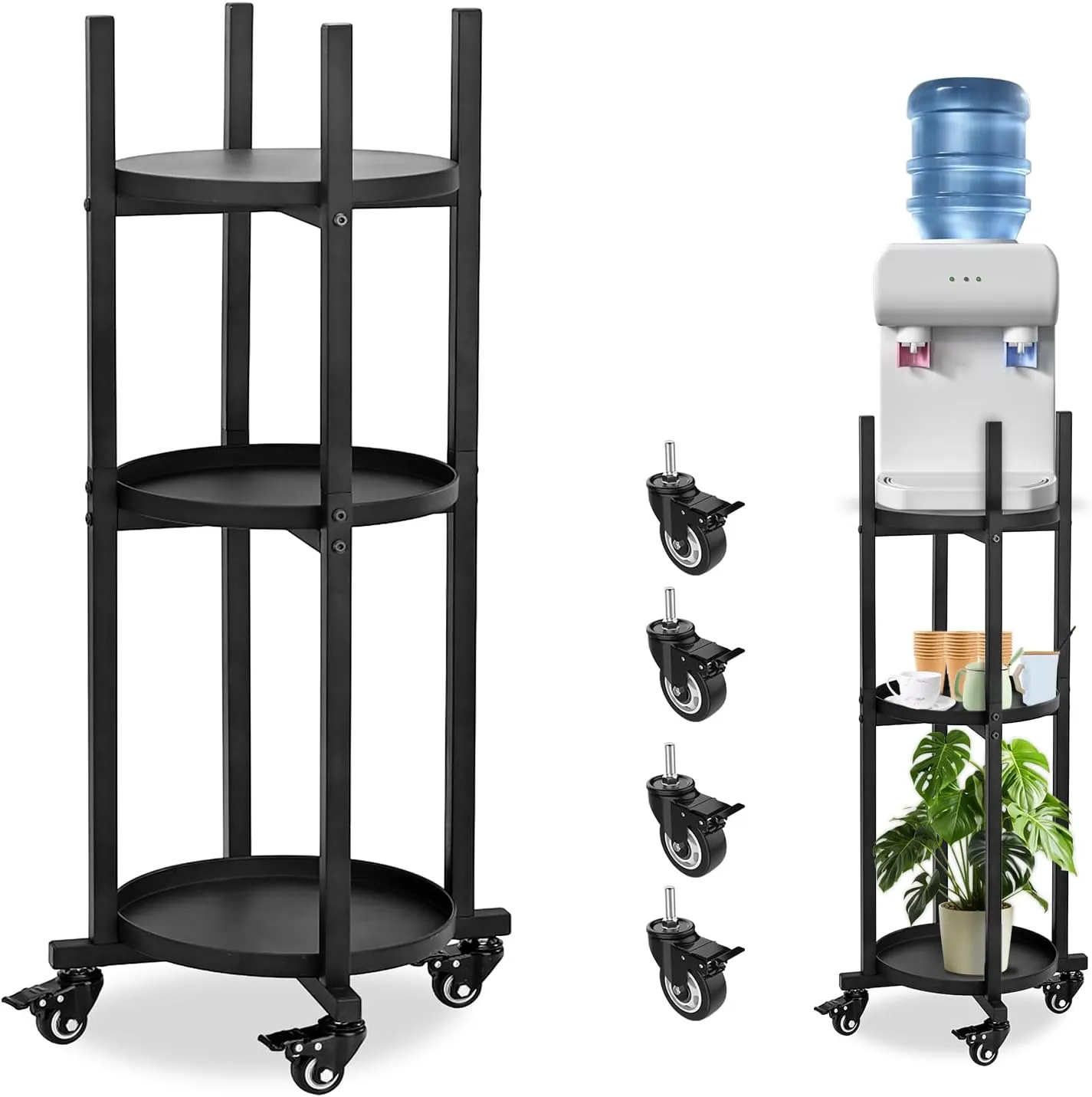 Water Dispenser Stand with Wheels, Beauty Star 1-5 Gallon Water Jug Holder with Plant Stand, Drink Dispenser Floor Rack with 3 Round Shelfs for Berkey Water Filter, Ceramic Crock Water Dispenser