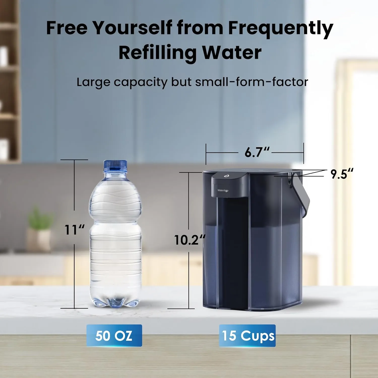 Waterdrop Alkaline Electric Water Filter Pitcher, Rechargeable Water Dispenser, Instant 200-Gallon 15-Cup Countertop System, NSF/ANSI 42, Reduce PFOA/PFOS, Chlorine, Lead, Blue, with 1 Filter