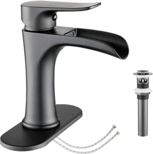 Waterfall Bathroom Faucet Black YUNDOOM Matte Black with Pop Up Drain Single Handle One Hole or Three Holes Vanity Farmhouse RV Vessel Basin Faucet Deck Mount