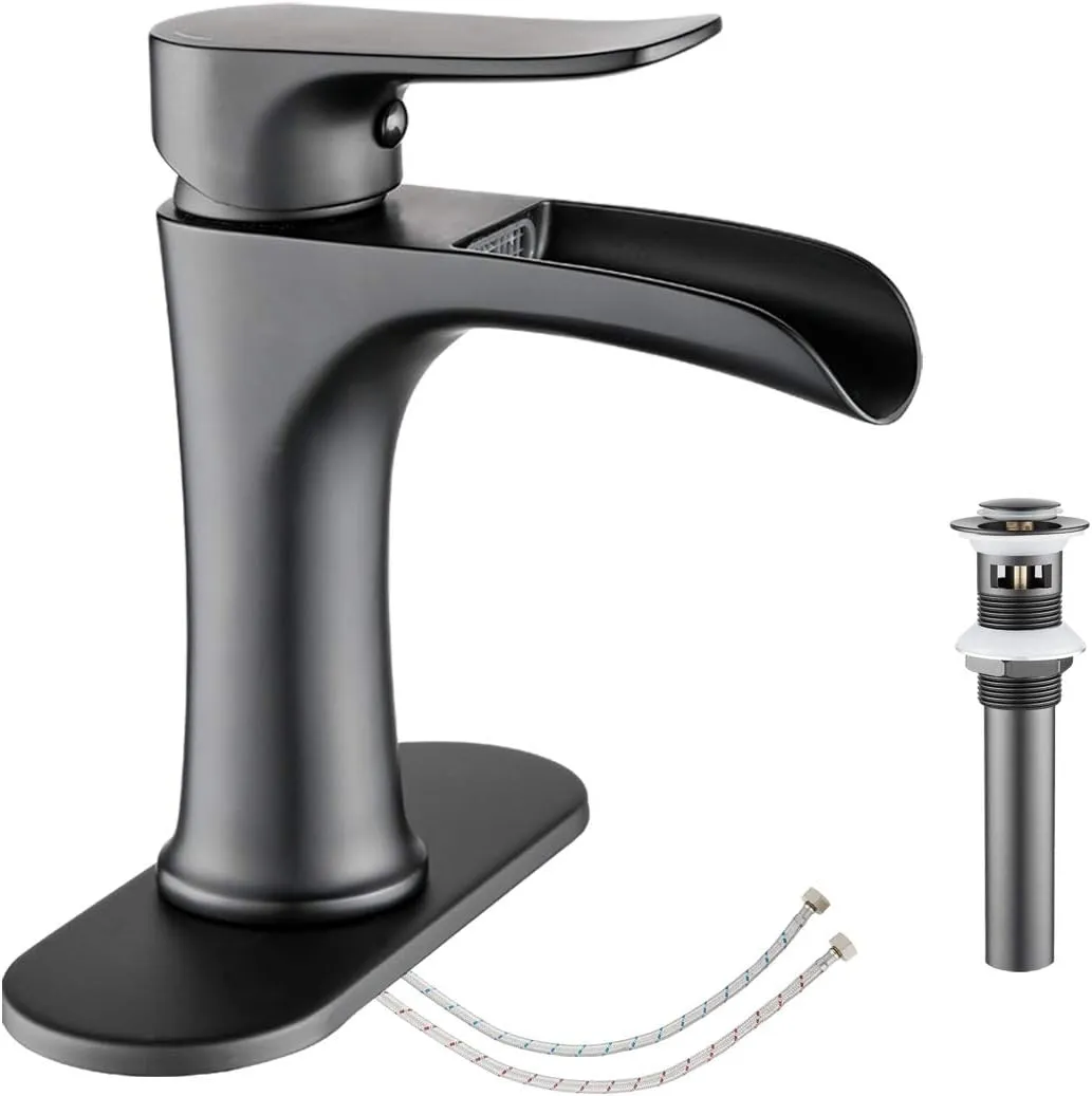 Waterfall Bathroom Faucet Black YUNDOOM Matte Black with Pop Up Drain Single Handle One Hole or Three Holes Vanity Farmhouse RV Vessel Basin Faucet Deck Mount
