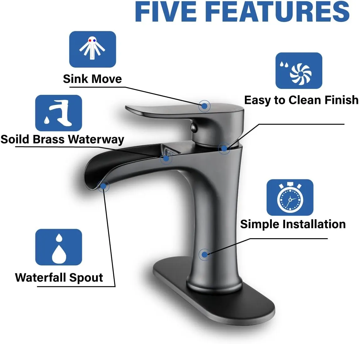 Waterfall Bathroom Faucet Black YUNDOOM Matte Black with Pop Up Drain Single Handle One Hole or Three Holes Vanity Farmhouse RV Vessel Basin Faucet Deck Mount