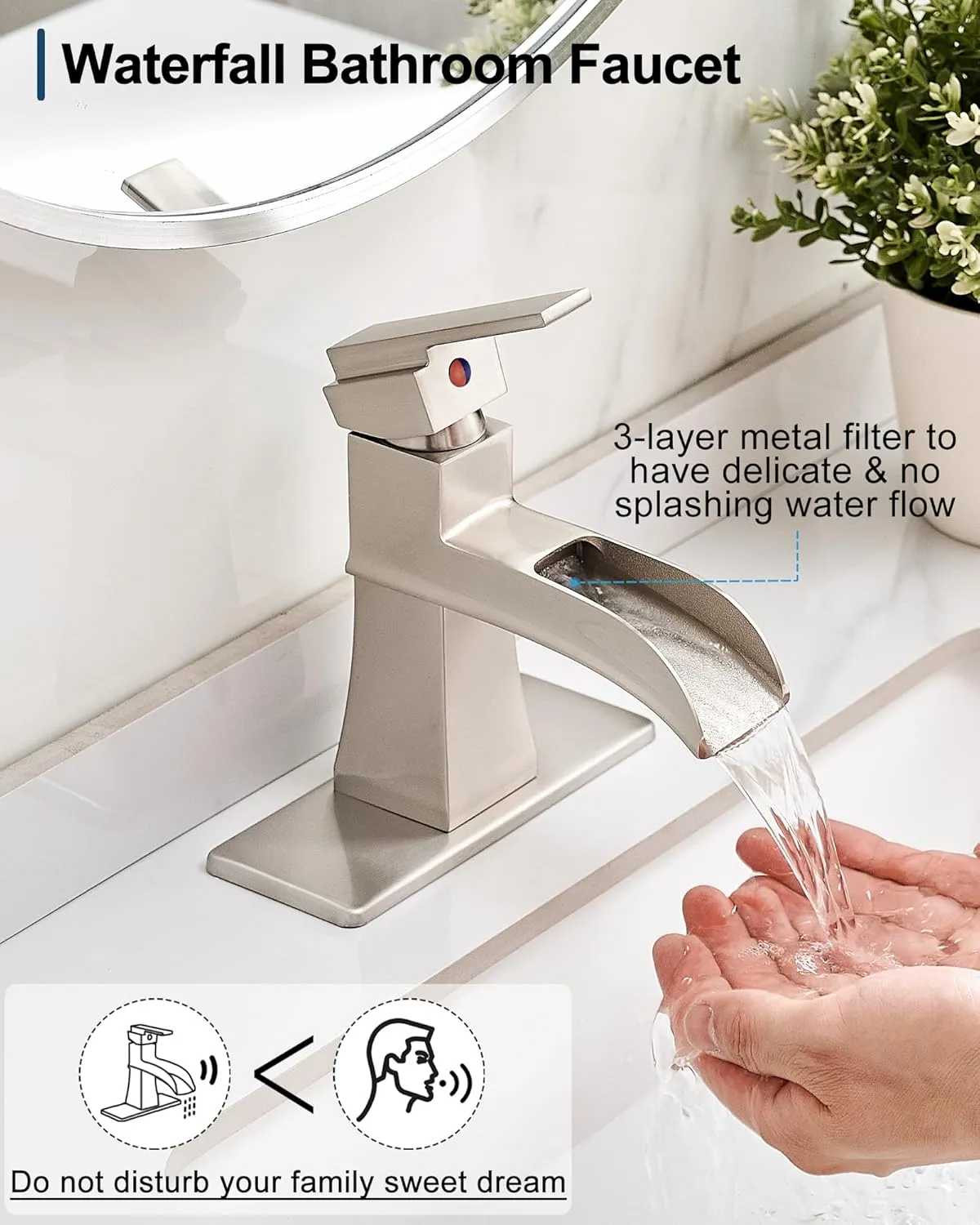 Waterfall Bathroom Sink Faucet, Brass Brushed Nickel Bathroom Faucet One Handle, 4 Inch Single Hole or 3 Holes with Pop-Up Drain, Supply Hoses & Deck Plate for Vanity Lavatory RV, 5 Mins Install