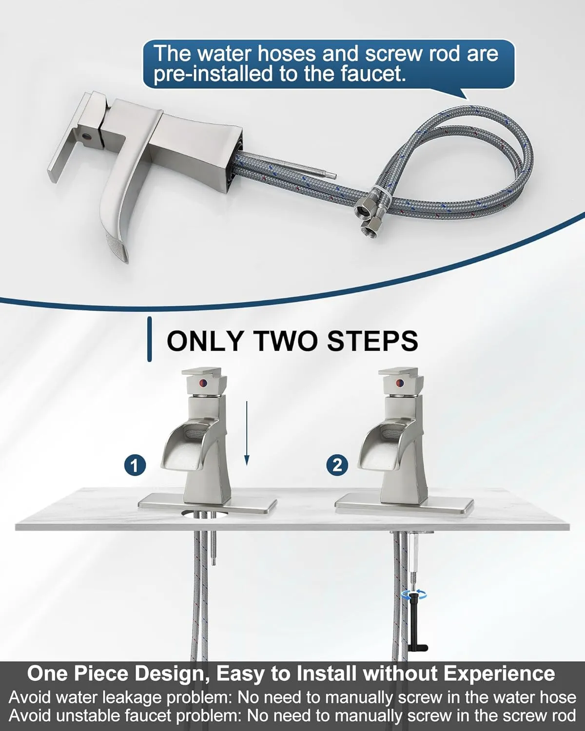 Waterfall Bathroom Sink Faucet, Brass Brushed Nickel Bathroom Faucet One Handle, 4 Inch Single Hole or 3 Holes with Pop-Up Drain, Supply Hoses & Deck Plate for Vanity Lavatory RV, 5 Mins Install