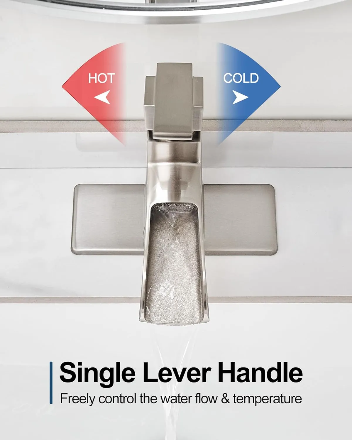 Waterfall Bathroom Sink Faucet, Brass Brushed Nickel Bathroom Faucet One Handle, 4 Inch Single Hole or 3 Holes with Pop-Up Drain, Supply Hoses & Deck Plate for Vanity Lavatory RV, 5 Mins Install